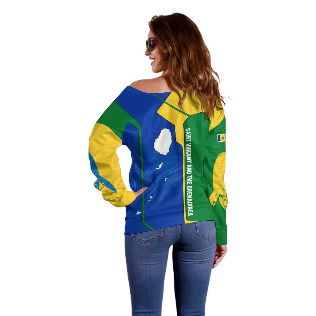 Saint Vincent and the Grenadines Flag Wave Map Off Shoulder Sweater Caribbean Island Pride Pullover - Wonder Print Shop