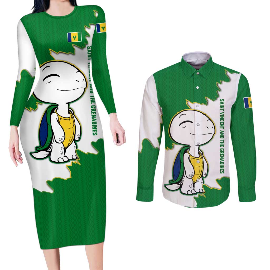 Saint Vincent and the Grenadines Turtle Couples Matching Long Sleeve Bodycon Dress and Long Sleeve Button Shirt with Coat of Arms and Green Heritage Design - Wonder Print Shop