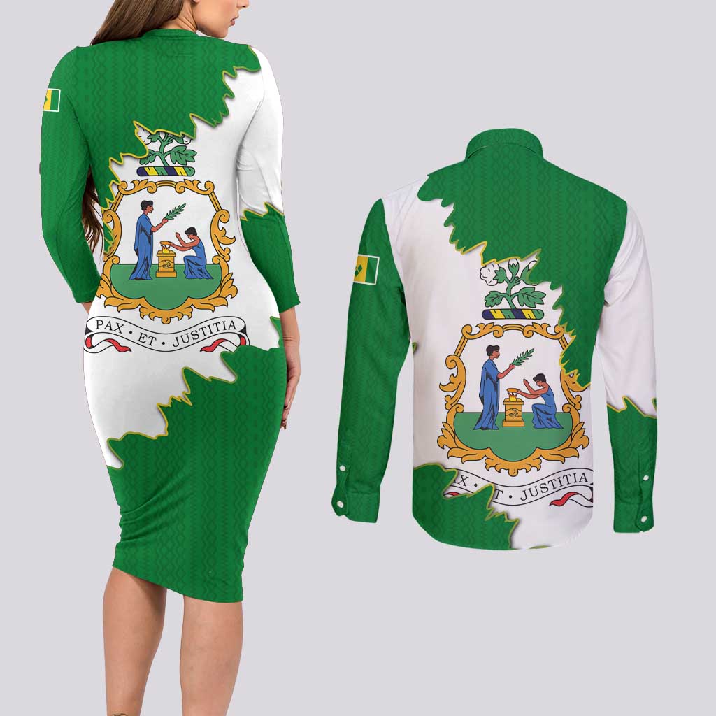 Saint Vincent and the Grenadines Turtle Couples Matching Long Sleeve Bodycon Dress and Long Sleeve Button Shirt with Coat of Arms and Green Heritage Design - Wonder Print Shop