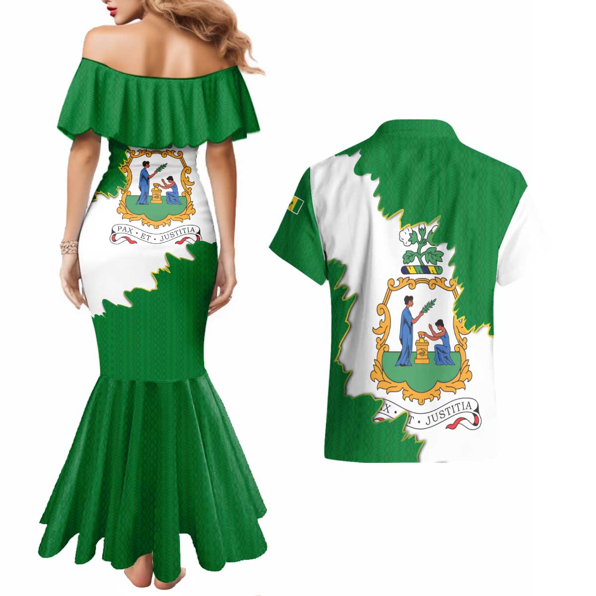 Saint Vincent and the Grenadines Turtle Couples Matching Mermaid Dress and Hawaiian Shirt with Coat of Arms and Green Heritage Design - Wonder Print Shop