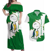 Saint Vincent and the Grenadines Turtle Couples Matching Off Shoulder Maxi Dress and Hawaiian Shirt with Coat of Arms and Green Heritage Design - Wonder Print Shop