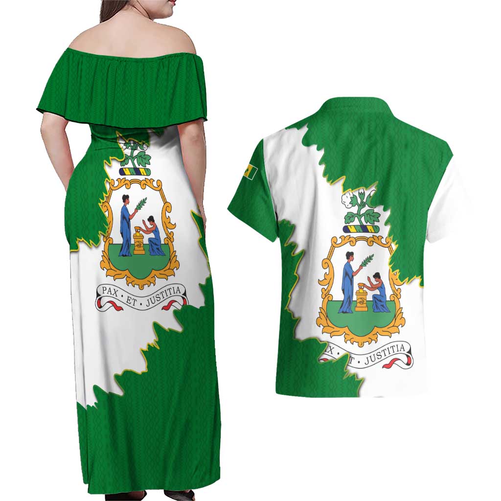 Saint Vincent and the Grenadines Turtle Couples Matching Off Shoulder Maxi Dress and Hawaiian Shirt with Coat of Arms and Green Heritage Design - Wonder Print Shop