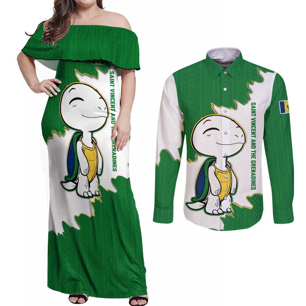 Saint Vincent and the Grenadines Turtle Couples Matching Off Shoulder Maxi Dress and Long Sleeve Button Shirt with Coat of Arms and Green Heritage Design - Wonder Print Shop