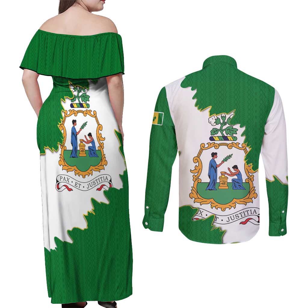 Saint Vincent and the Grenadines Turtle Couples Matching Off Shoulder Maxi Dress and Long Sleeve Button Shirt with Coat of Arms and Green Heritage Design - Wonder Print Shop