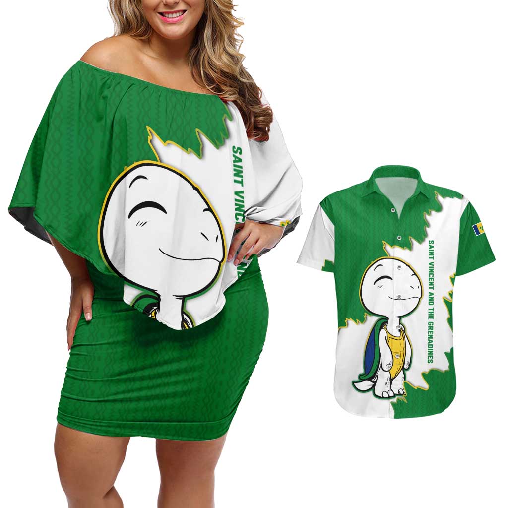 Saint Vincent and the Grenadines Turtle Couples Matching Off Shoulder Short Dress and Hawaiian Shirt with Coat of Arms and Green Heritage Design - Wonder Print Shop