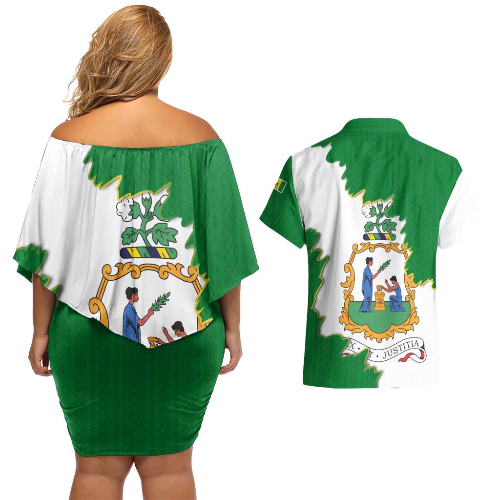 Saint Vincent and the Grenadines Turtle Couples Matching Off Shoulder Short Dress and Hawaiian Shirt with Coat of Arms and Green Heritage Design - Wonder Print Shop