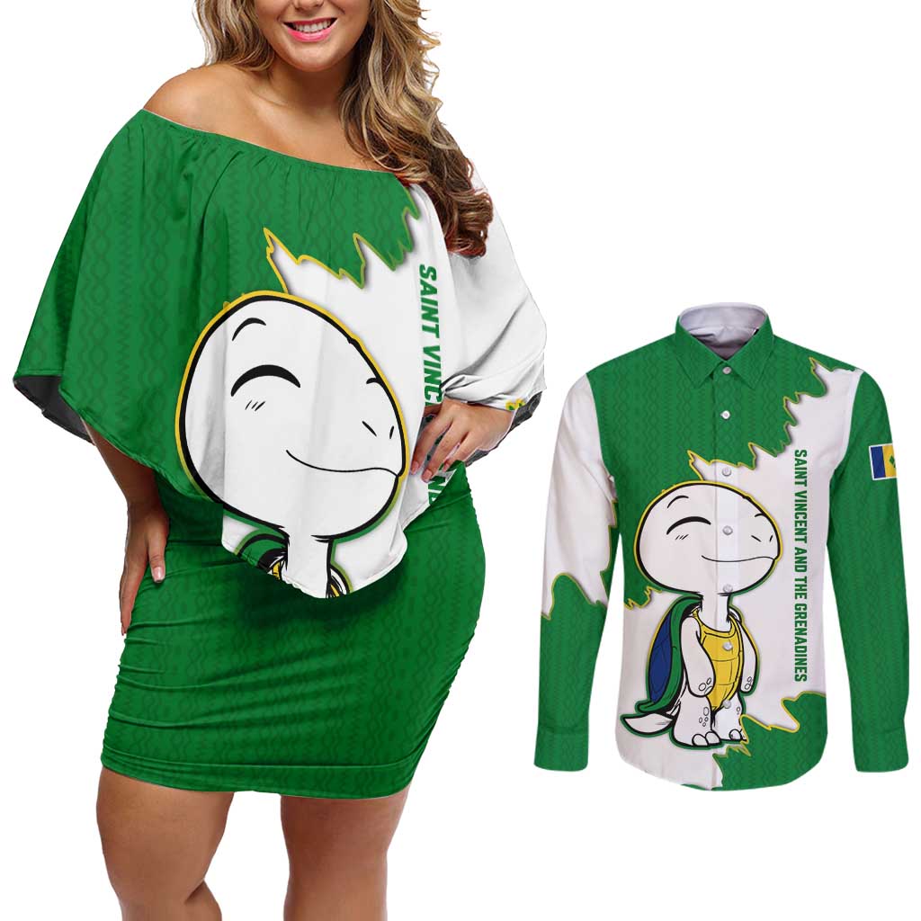 Saint Vincent and the Grenadines Turtle Couples Matching Off Shoulder Short Dress and Long Sleeve Button Shirt with Coat of Arms and Green Heritage Design - Wonder Print Shop