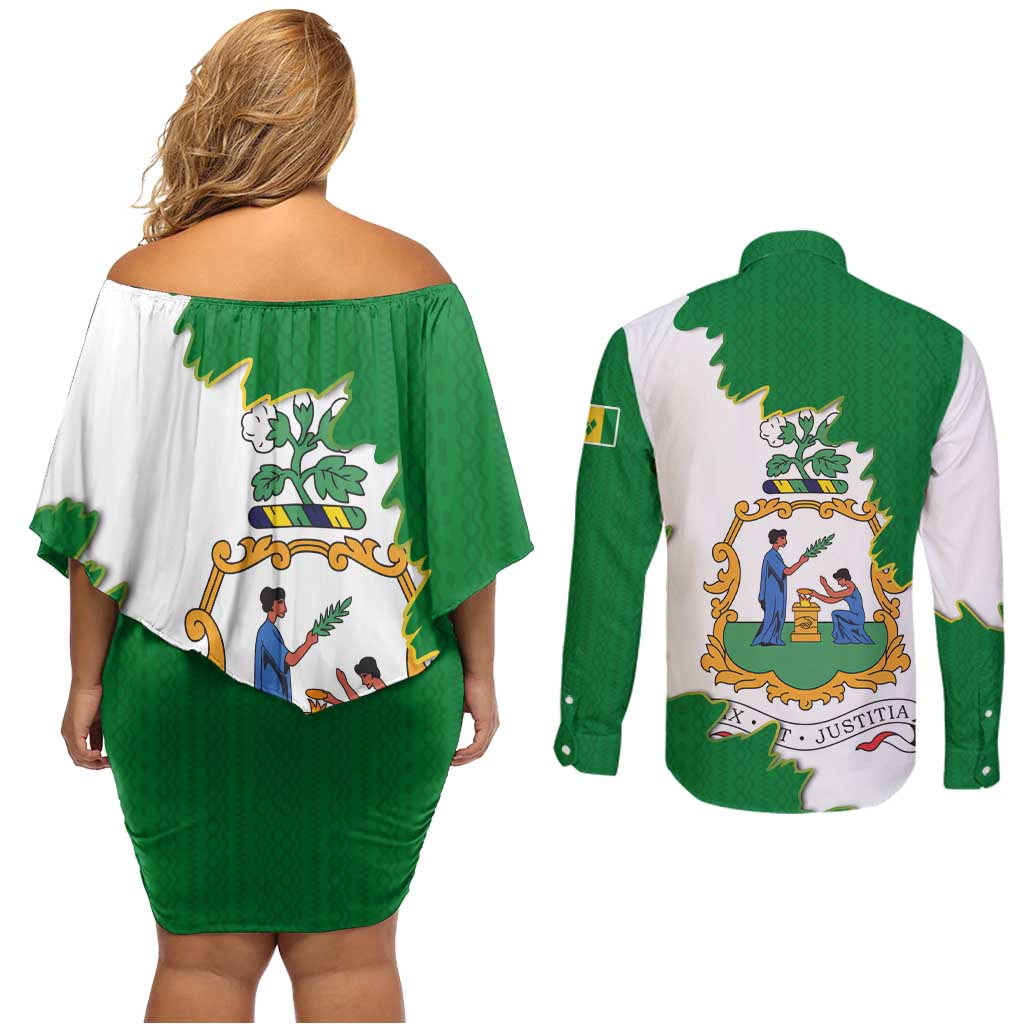 Saint Vincent and the Grenadines Turtle Couples Matching Off Shoulder Short Dress and Long Sleeve Button Shirt with Coat of Arms and Green Heritage Design - Wonder Print Shop