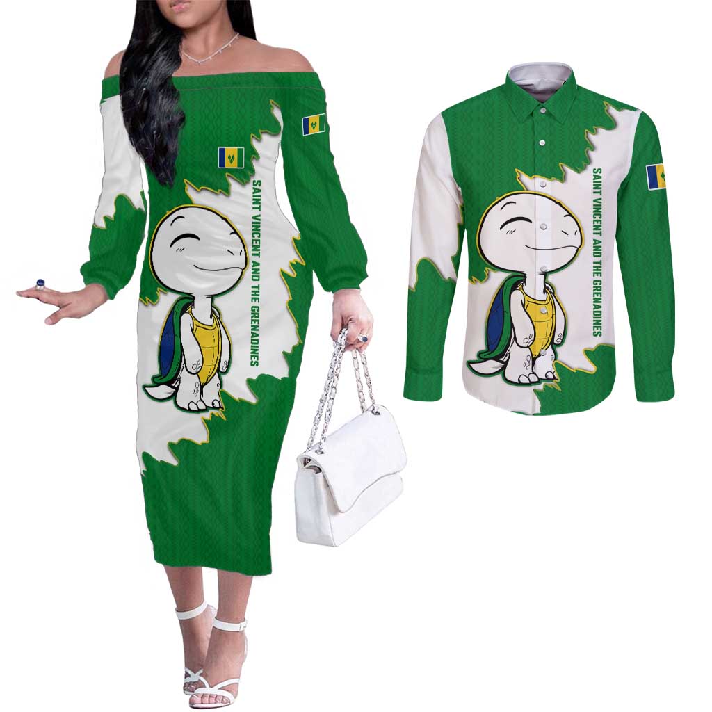 Saint Vincent and the Grenadines Turtle Couples Matching Off The Shoulder Long Sleeve Dress and Long Sleeve Button Shirt with Coat of Arms and Green Heritage Design - Wonder Print Shop