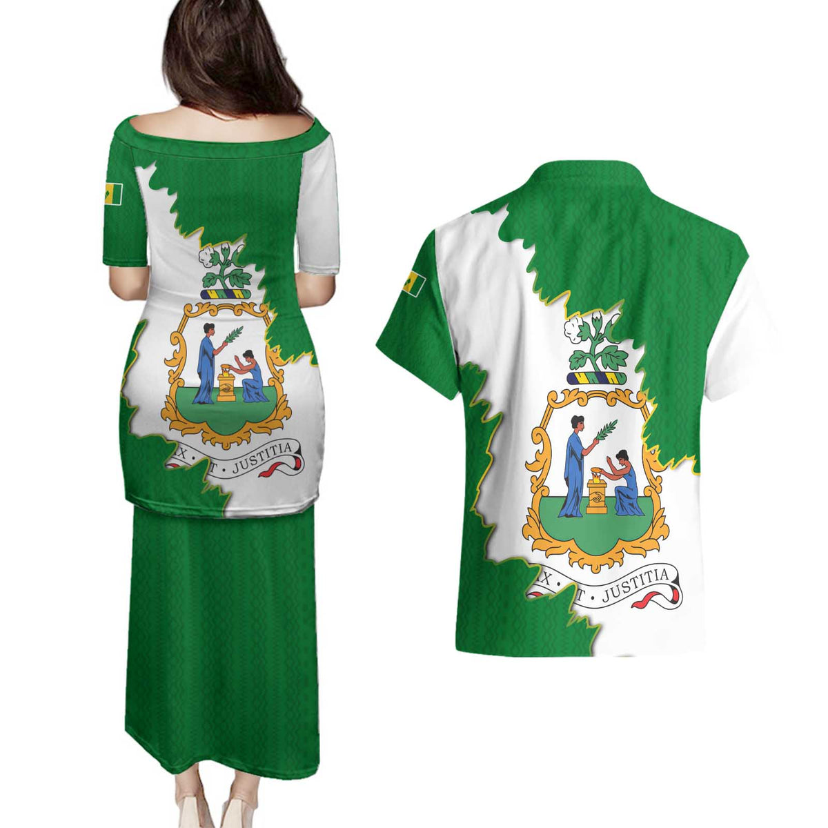 Saint Vincent and the Grenadines Turtle Couples Matching Puletasi and Hawaiian Shirt with Coat of Arms and Green Heritage Design - Wonder Print Shop