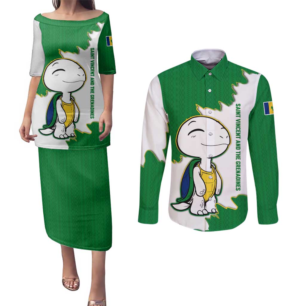 Saint Vincent and the Grenadines Turtle Couples Matching Puletasi and Long Sleeve Button Shirt with Coat of Arms and Green Heritage Design - Wonder Print Shop