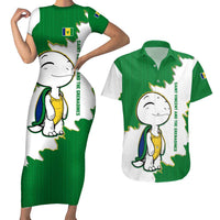 Saint Vincent and the Grenadines Turtle Couples Matching Short Sleeve Bodycon Dress and Hawaiian Shirt with Coat of Arms and Green Heritage Design - Wonder Print Shop