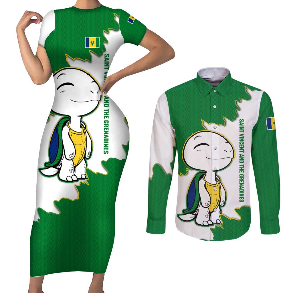 Saint Vincent and the Grenadines Turtle Couples Matching Short Sleeve Bodycon Dress and Long Sleeve Button Shirt with Coat of Arms and Green Heritage Design - Wonder Print Shop