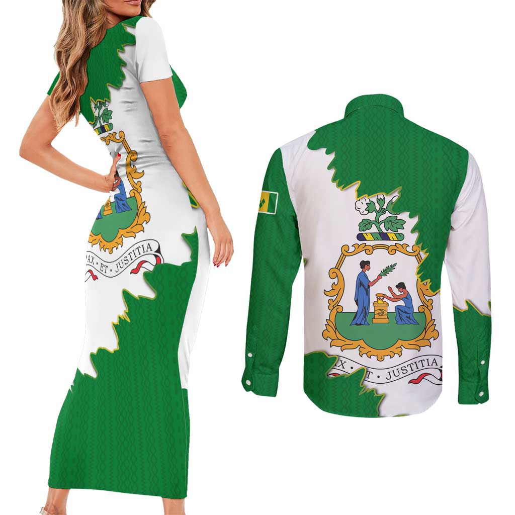 Saint Vincent and the Grenadines Turtle Couples Matching Short Sleeve Bodycon Dress and Long Sleeve Button Shirt with Coat of Arms and Green Heritage Design - Wonder Print Shop