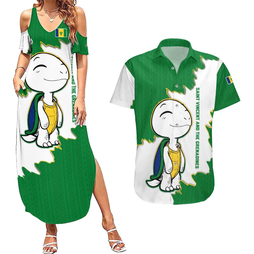 Saint Vincent and the Grenadines Turtle Couples Matching Summer Maxi Dress and Hawaiian Shirt with Coat of Arms and Green Heritage Design - Wonder Print Shop
