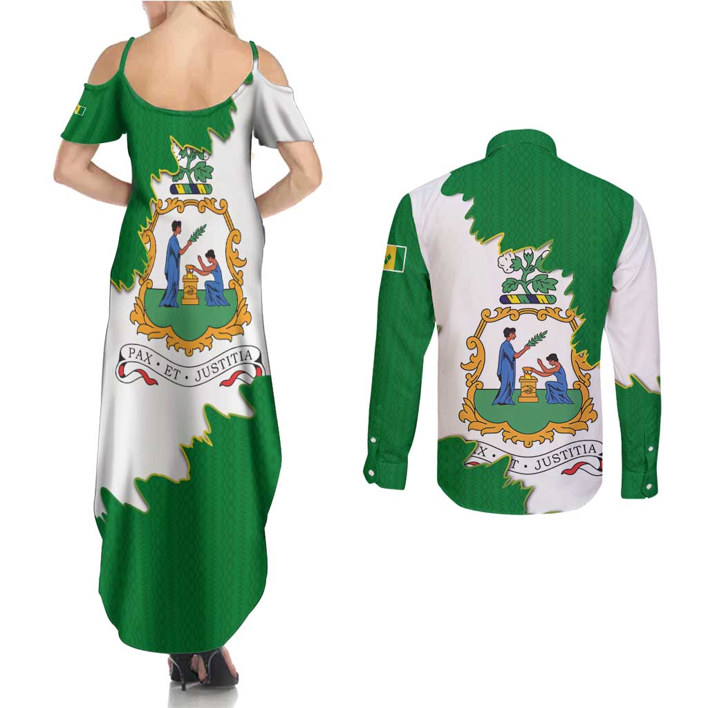 Saint Vincent and the Grenadines Turtle Couples Matching Summer Maxi Dress and Long Sleeve Button Shirt with Coat of Arms and Green Heritage Design - Wonder Print Shop