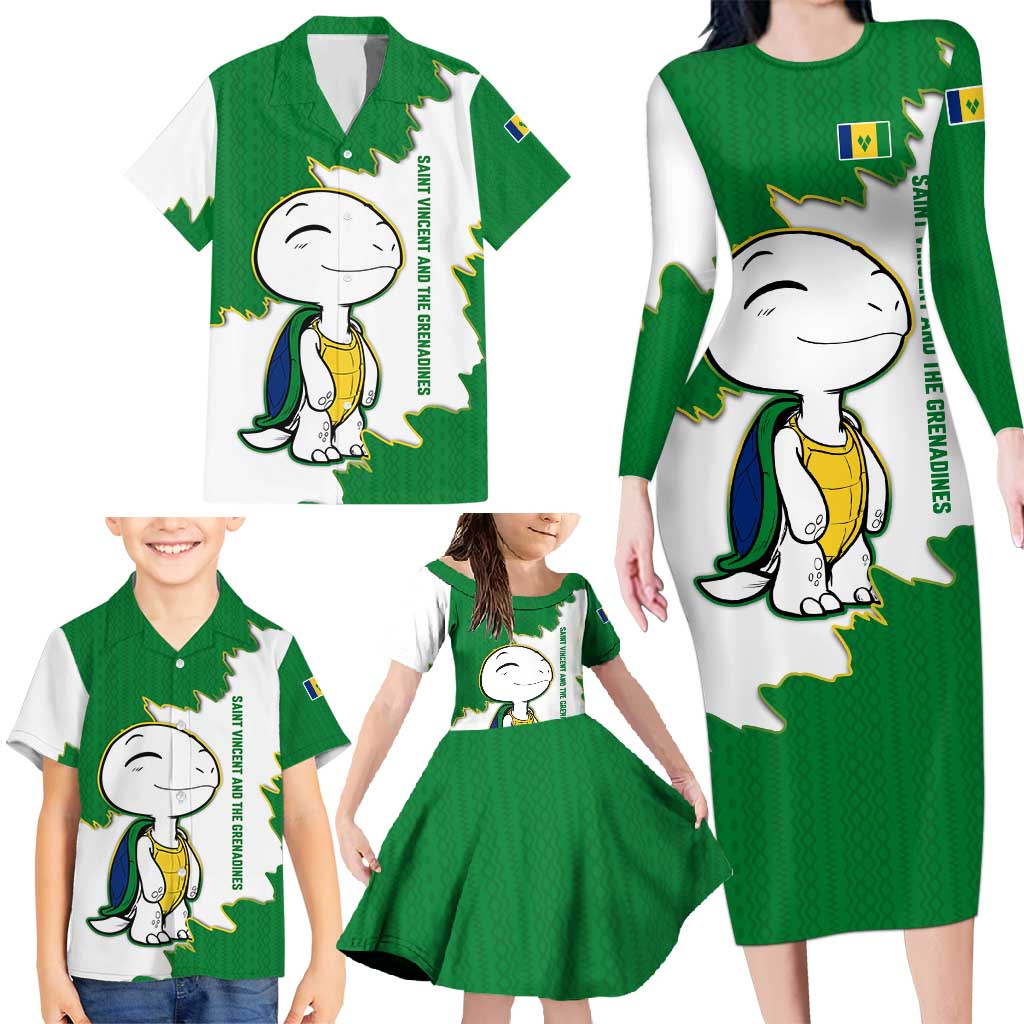 Saint Vincent and the Grenadines Turtle Family Matching Long Sleeve Bodycon Dress and Hawaiian Shirt with Coat of Arms and Green Heritage Design - Wonder Print Shop