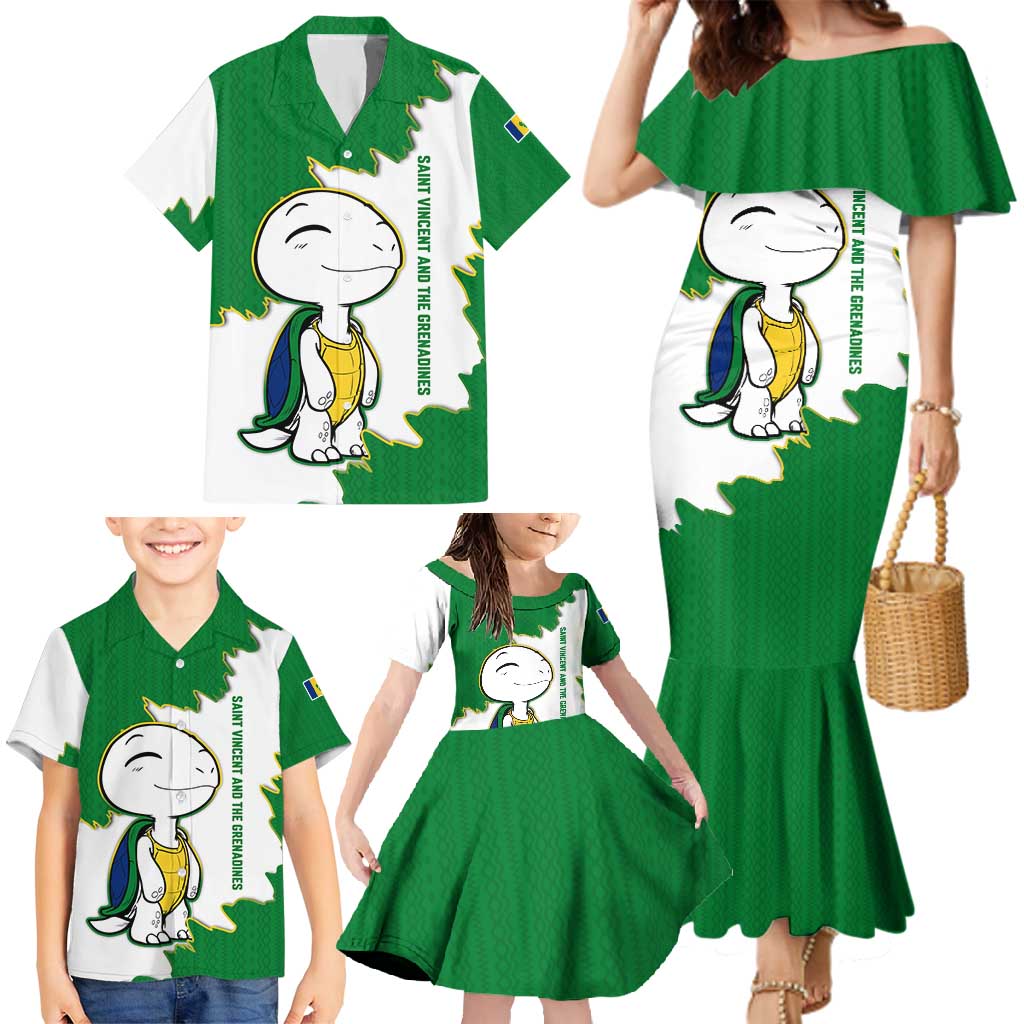 Saint Vincent and the Grenadines Turtle Family Matching Mermaid Dress and Hawaiian Shirt with Coat of Arms and Green Heritage Design - Wonder Print Shop