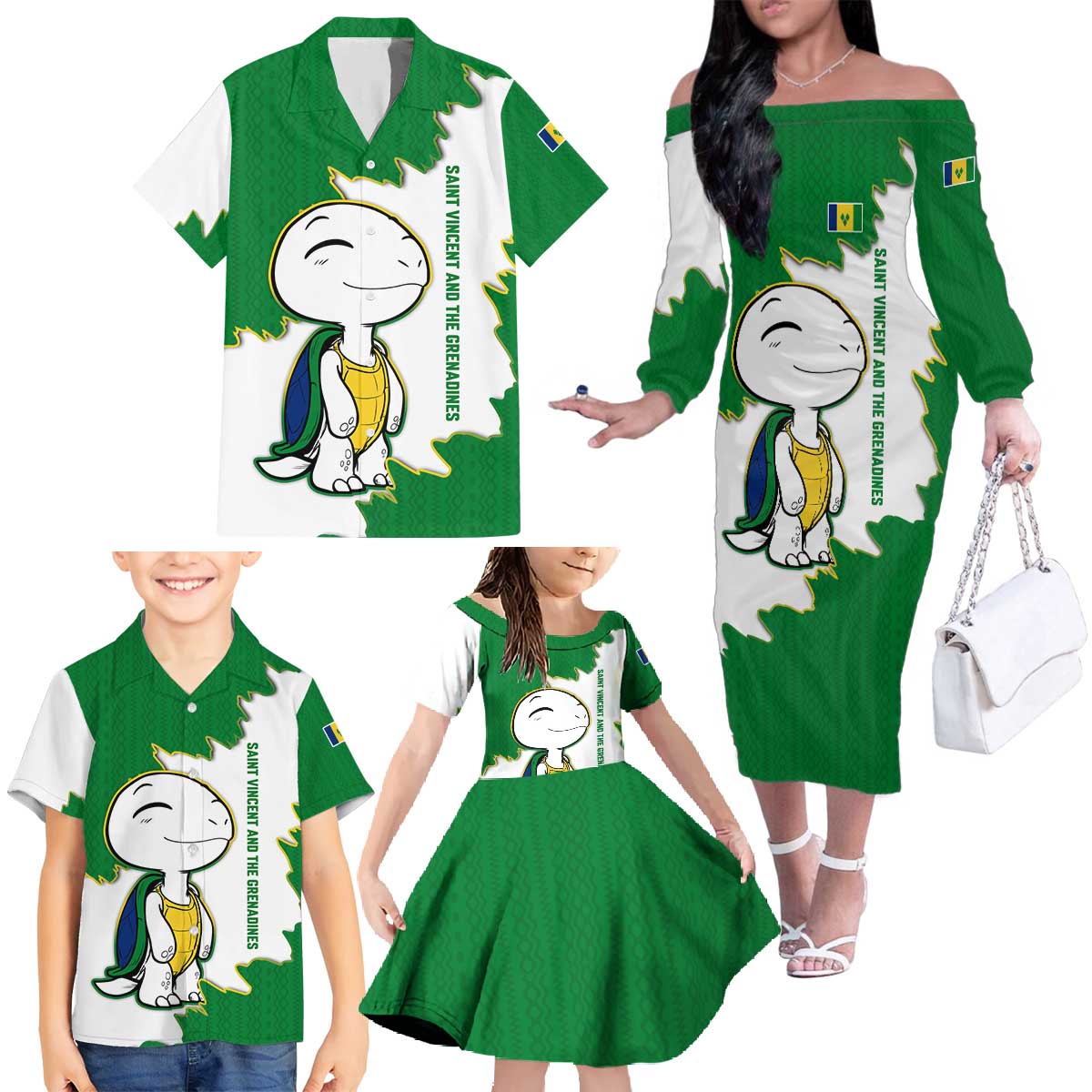 Saint Vincent and the Grenadines Turtle Family Matching Off The Shoulder Long Sleeve Dress and Hawaiian Shirt with Coat of Arms and Green Heritage Design - Wonder Print Shop