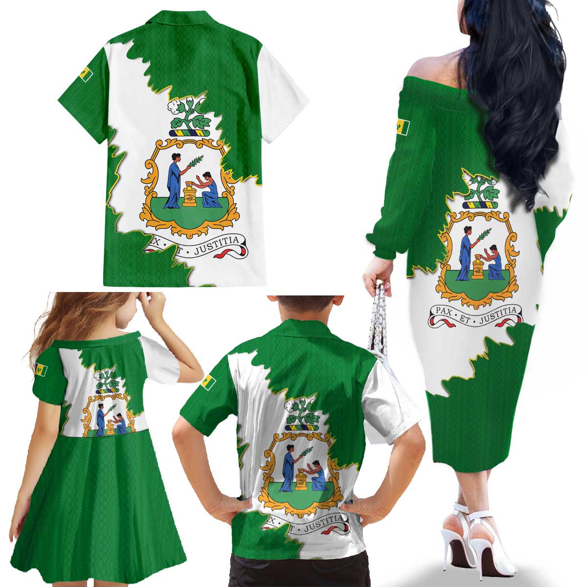 Saint Vincent and the Grenadines Turtle Family Matching Off The Shoulder Long Sleeve Dress and Hawaiian Shirt with Coat of Arms and Green Heritage Design - Wonder Print Shop