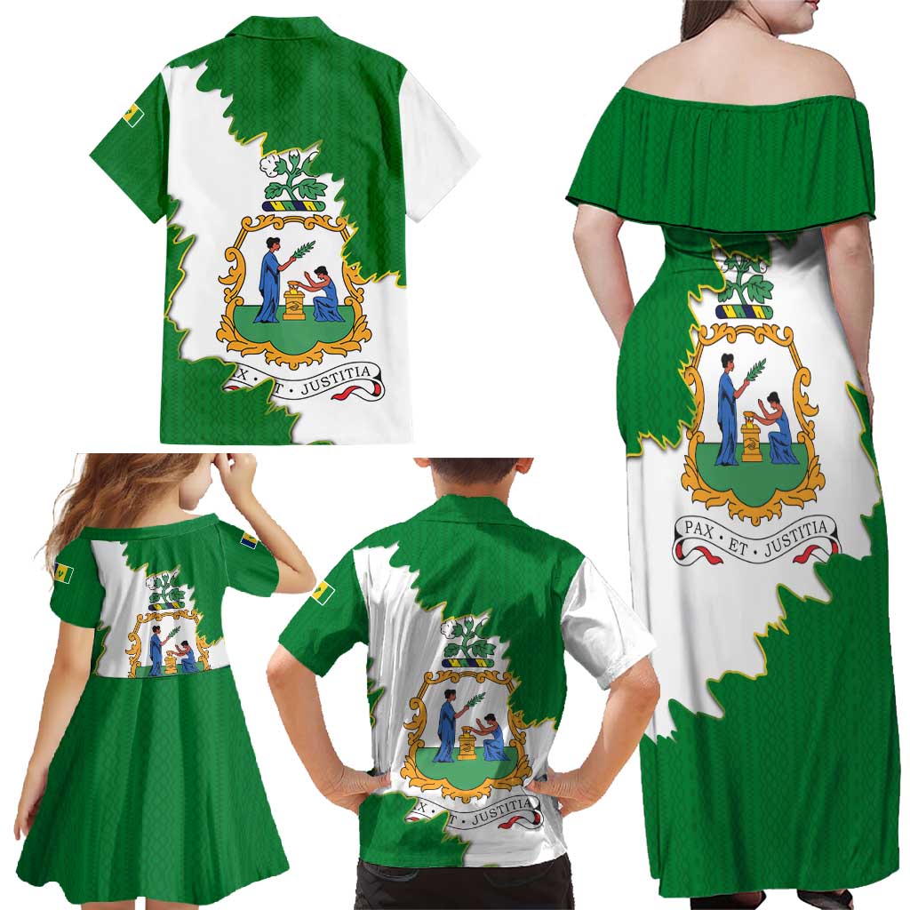 Saint Vincent and the Grenadines Turtle Family Matching Off Shoulder Maxi Dress and Hawaiian Shirt with Coat of Arms and Green Heritage Design - Wonder Print Shop