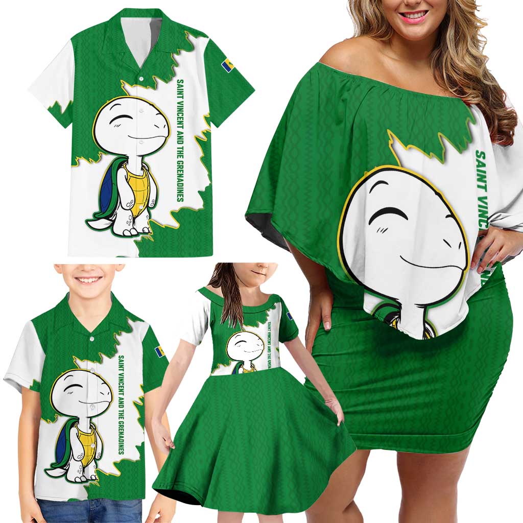 Saint Vincent and the Grenadines Turtle Family Matching Off Shoulder Short Dress and Hawaiian Shirt with Coat of Arms and Green Heritage Design - Wonder Print Shop
