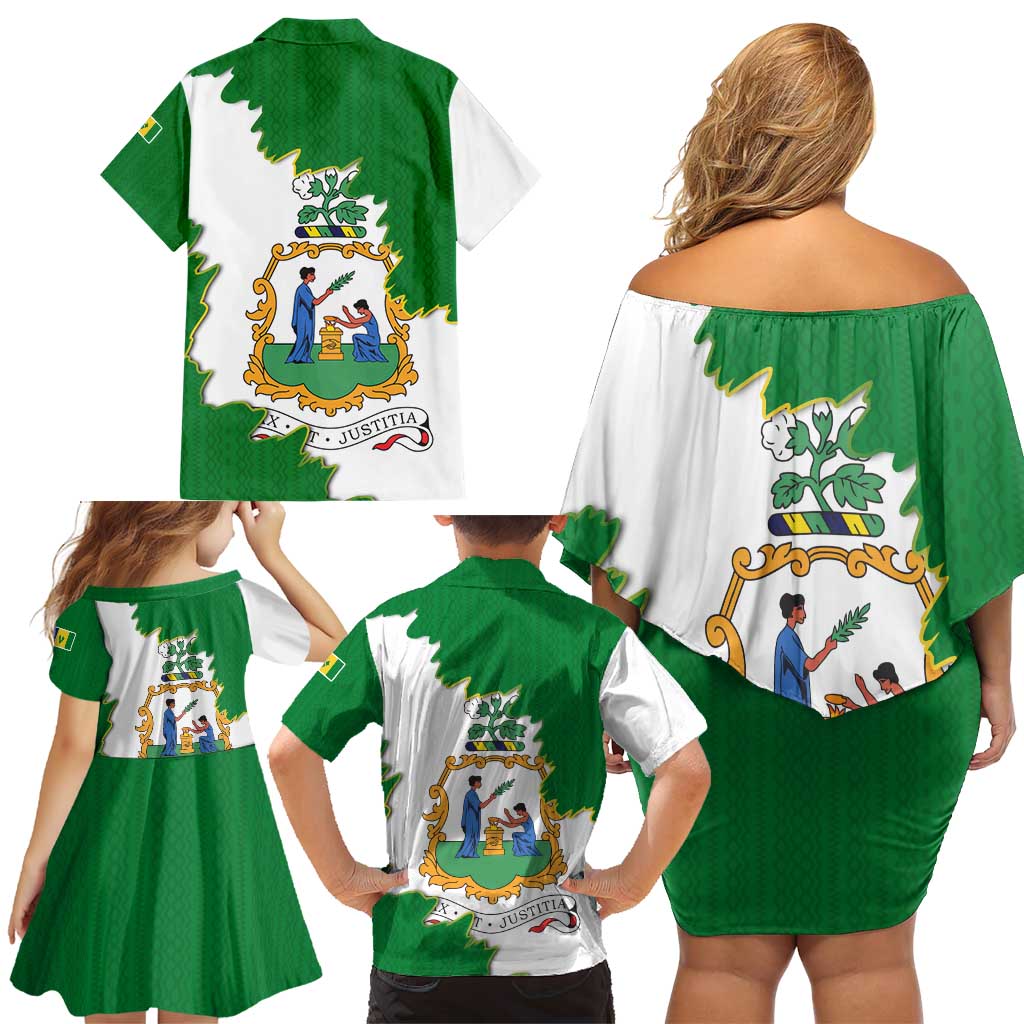 Saint Vincent and the Grenadines Turtle Family Matching Off Shoulder Short Dress and Hawaiian Shirt with Coat of Arms and Green Heritage Design - Wonder Print Shop