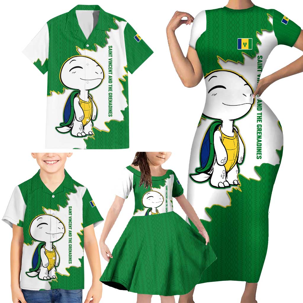 Saint Vincent and the Grenadines Turtle Family Matching Short Sleeve Bodycon Dress and Hawaiian Shirt with Coat of Arms and Green Heritage Design - Wonder Print Shop