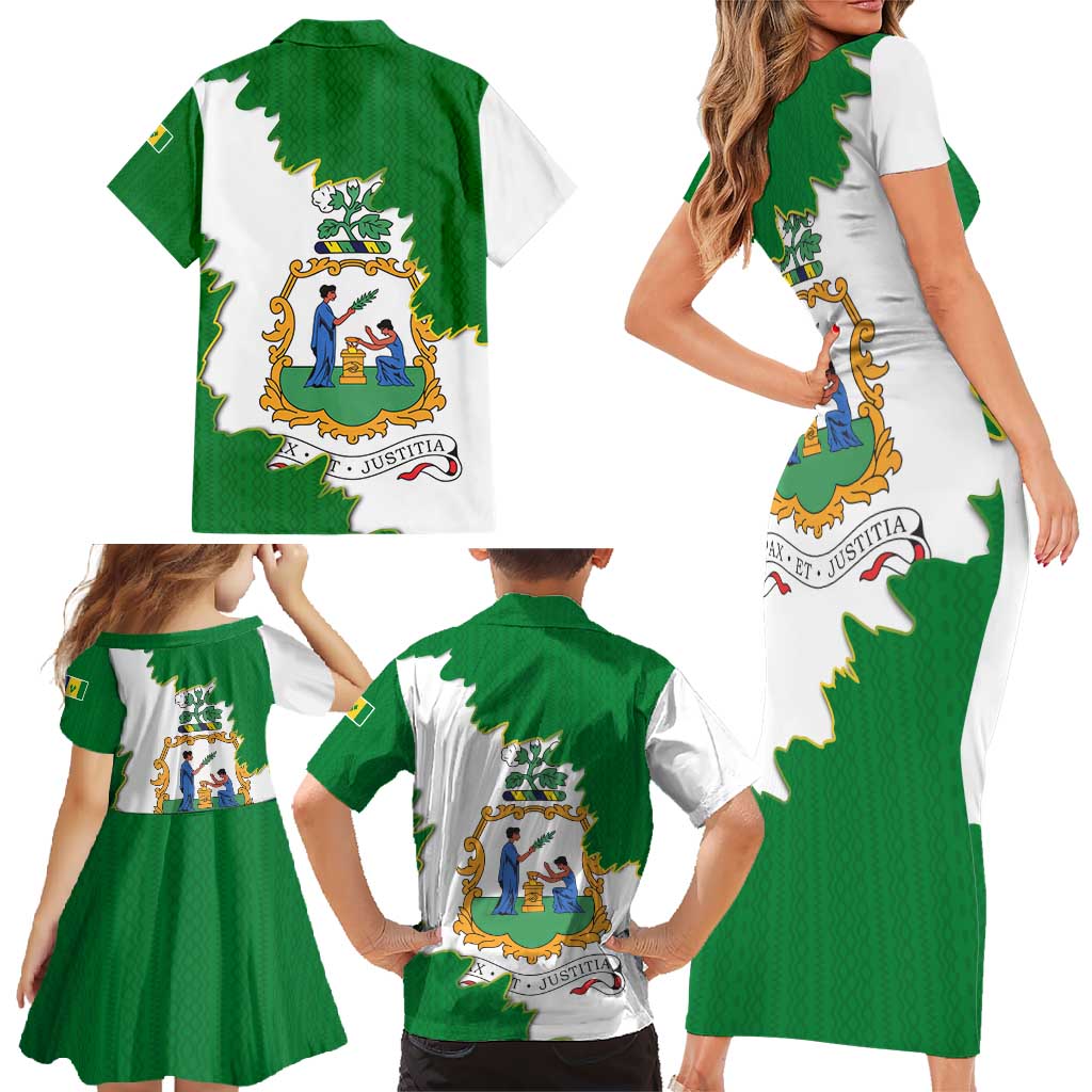 Saint Vincent and the Grenadines Turtle Family Matching Short Sleeve Bodycon Dress and Hawaiian Shirt with Coat of Arms and Green Heritage Design - Wonder Print Shop