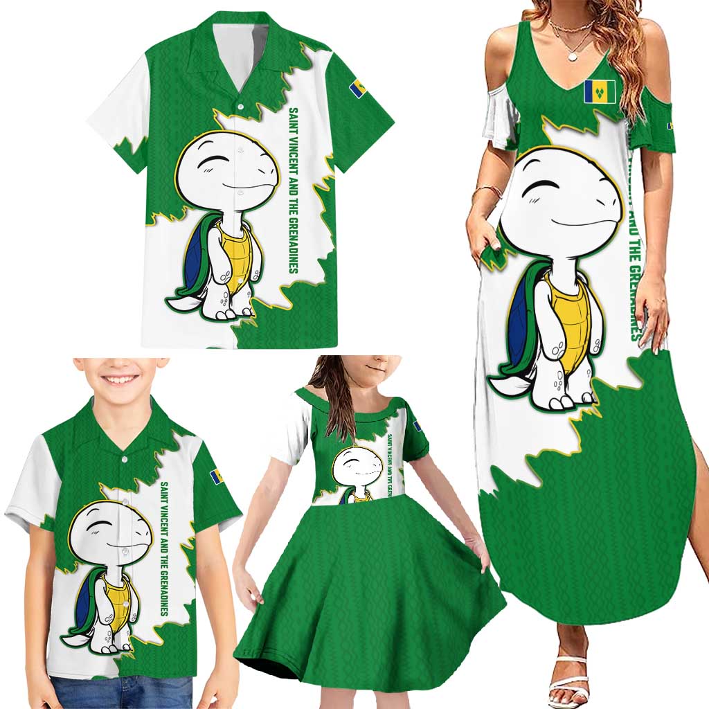 Saint Vincent and the Grenadines Turtle Family Matching Summer Maxi Dress and Hawaiian Shirt with Coat of Arms and Green Heritage Design - Wonder Print Shop