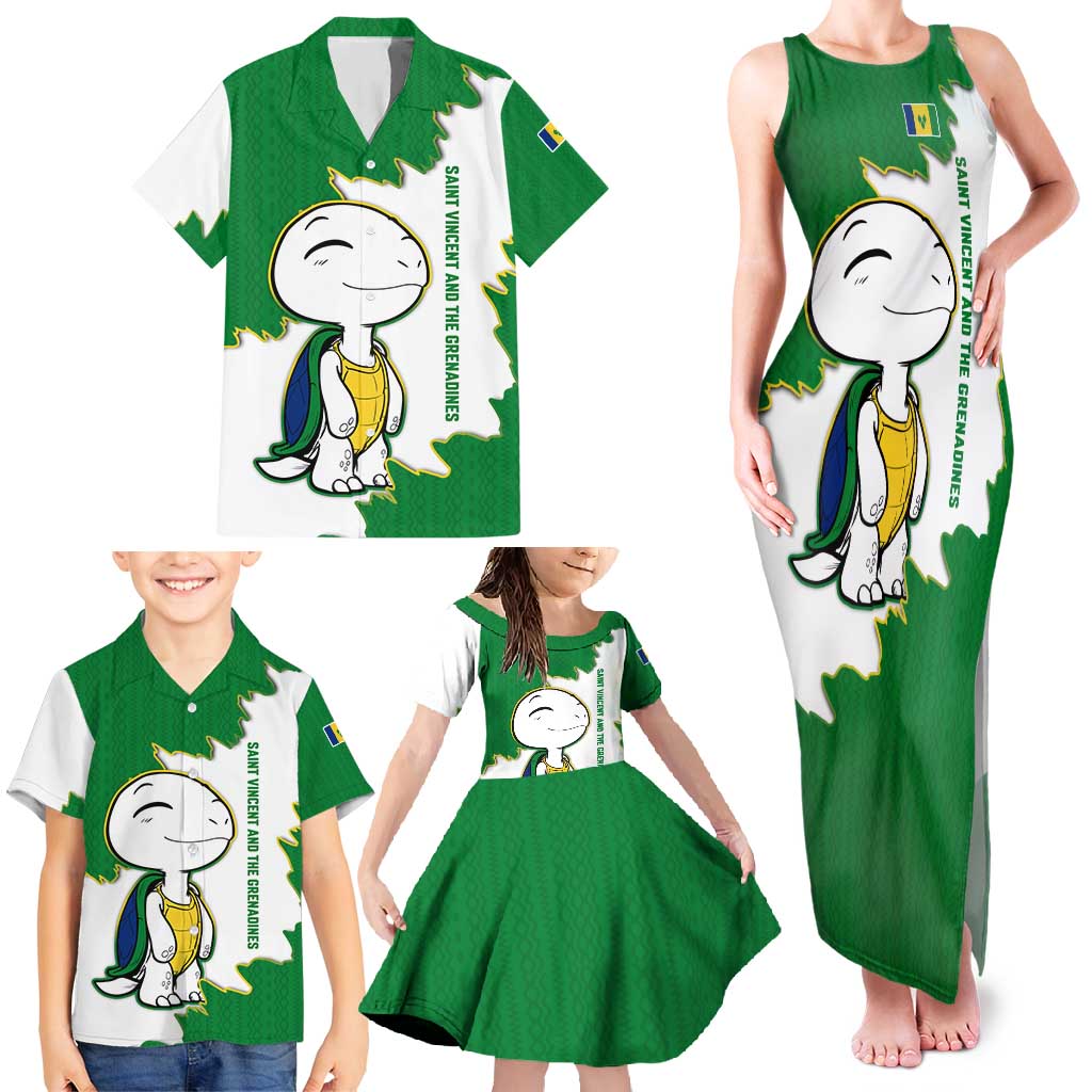 Saint Vincent and the Grenadines Turtle Family Matching Tank Maxi Dress and Hawaiian Shirt with Coat of Arms and Green Heritage Design - Wonder Print Shop