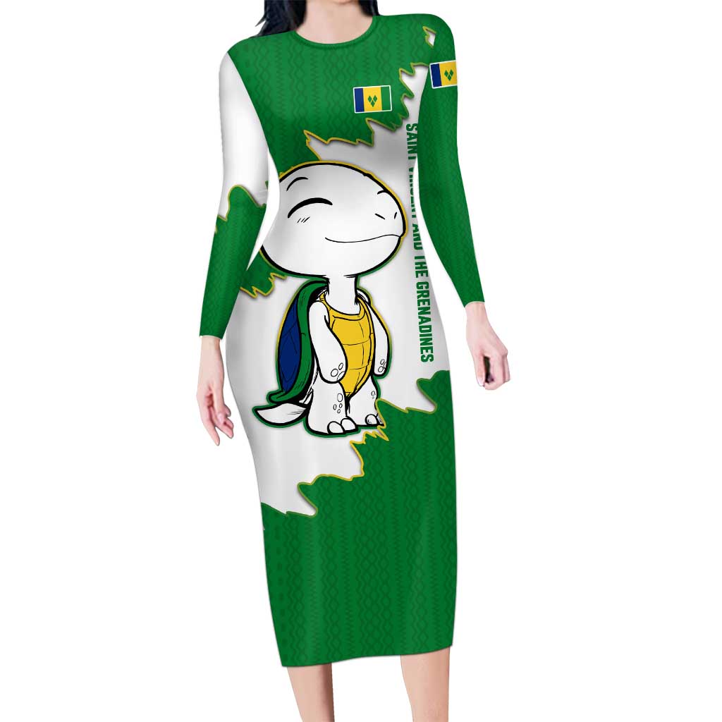 Saint Vincent and the Grenadines Turtle Long Sleeve Bodycon Dress with Coat of Arms and Green Heritage Design - Wonder Print Shop