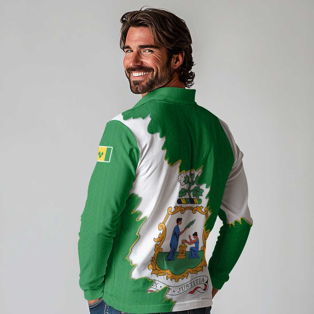 Saint Vincent and the Grenadines Turtle Long Sleeve Polo Shirt with Coat of Arms and Green Heritage Design - Wonder Print Shop
