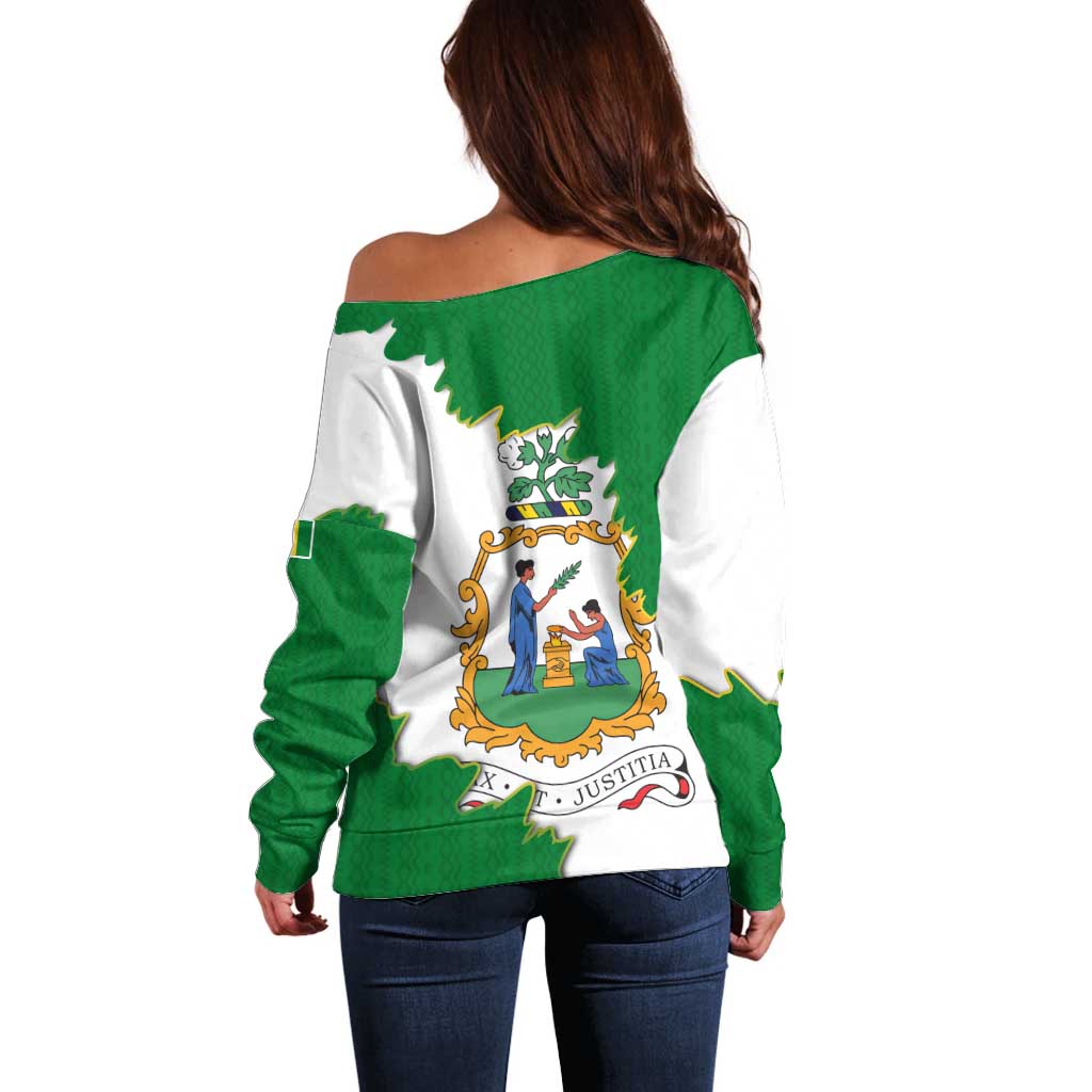 Saint Vincent and the Grenadines Turtle Off Shoulder Sweater with Coat of Arms and Green Heritage Design - Wonder Print Shop