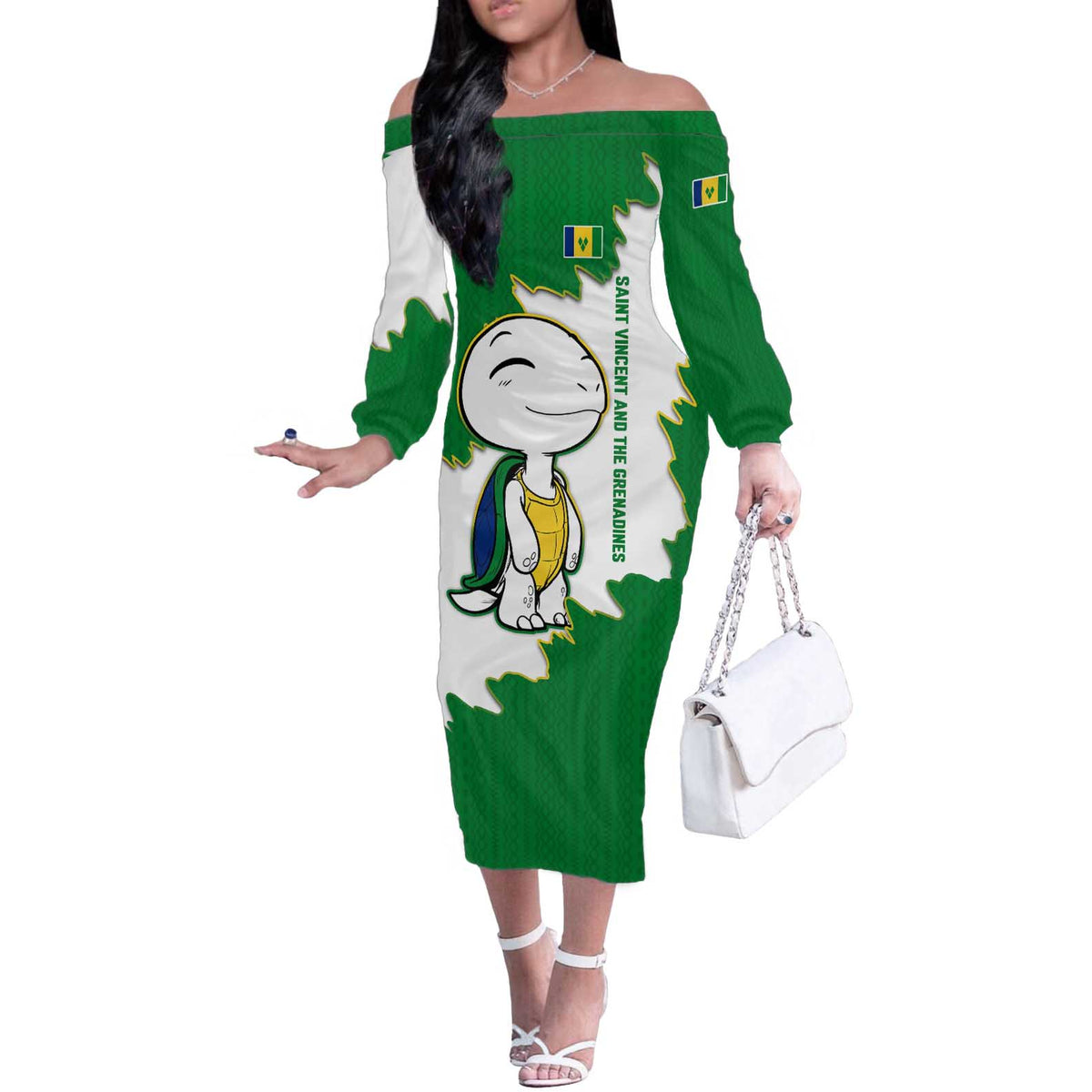 Saint Vincent and the Grenadines Turtle Off The Shoulder Long Sleeve Dress with Coat of Arms and Green Heritage Design - Wonder Print Shop