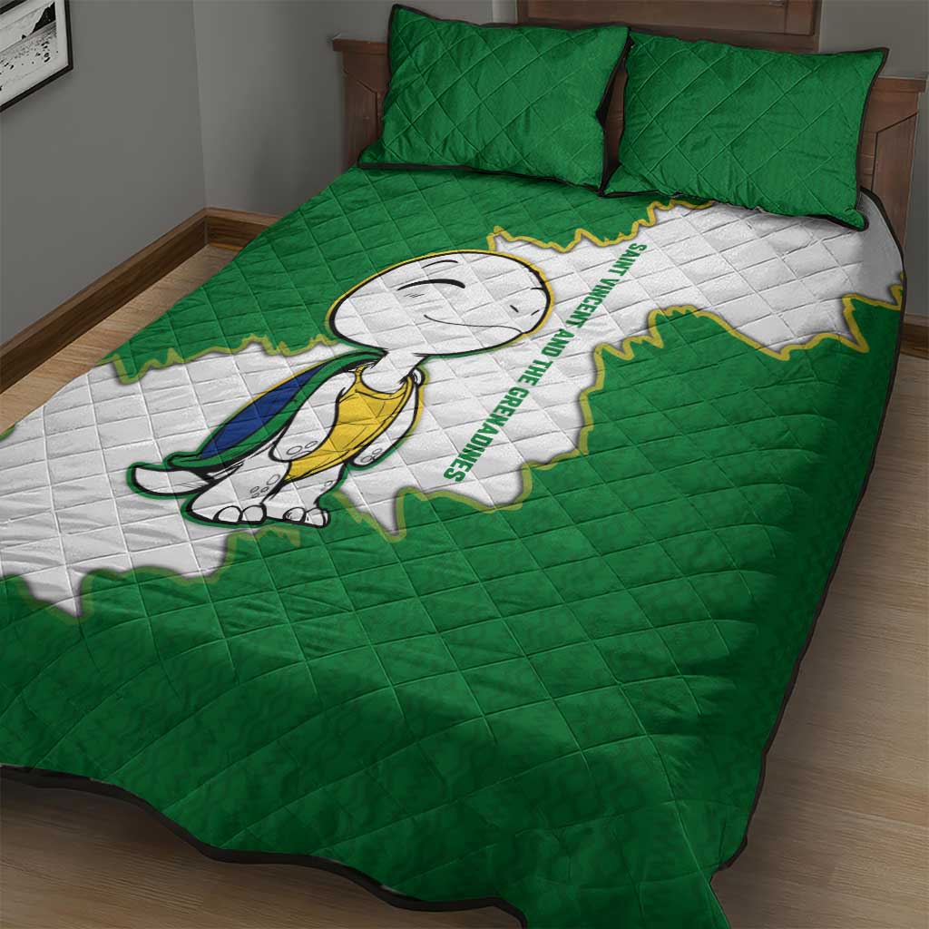 Saint Vincent and the Grenadines Turtle Quilt Bed Set with Coat of Arms and Green Heritage Design - Wonder Print Shop