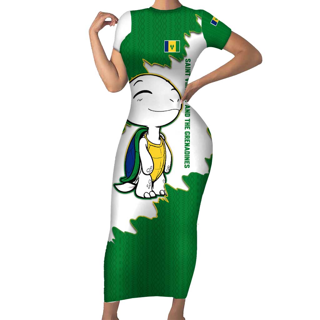 Saint Vincent and the Grenadines Turtle Short Sleeve Bodycon Dress with Coat of Arms and Green Heritage Design - Wonder Print Shop