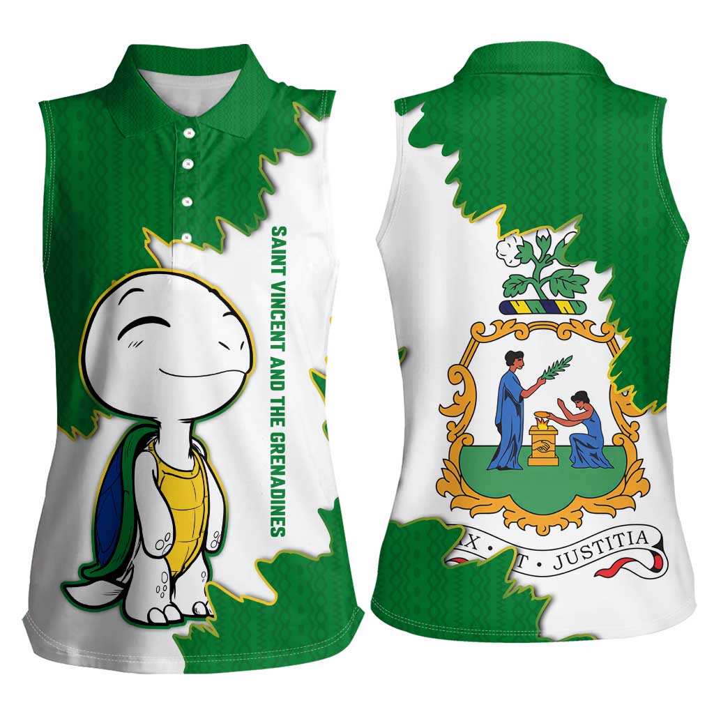 Saint Vincent and the Grenadines Turtle Women Sleeveless Polo Shirt with Coat of Arms and Green Heritage Design - Wonder Print Shop