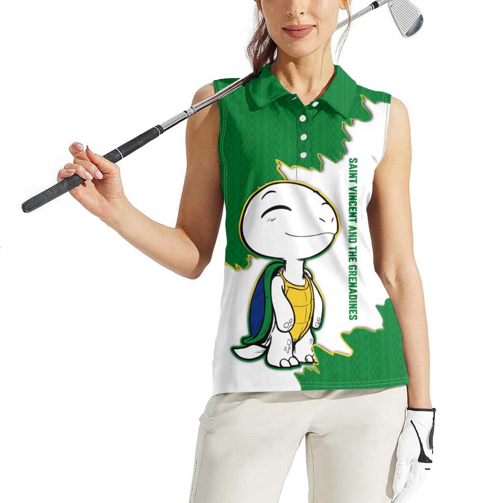 Saint Vincent and the Grenadines Turtle Women Sleeveless Polo Shirt with Coat of Arms and Green Heritage Design - Wonder Print Shop