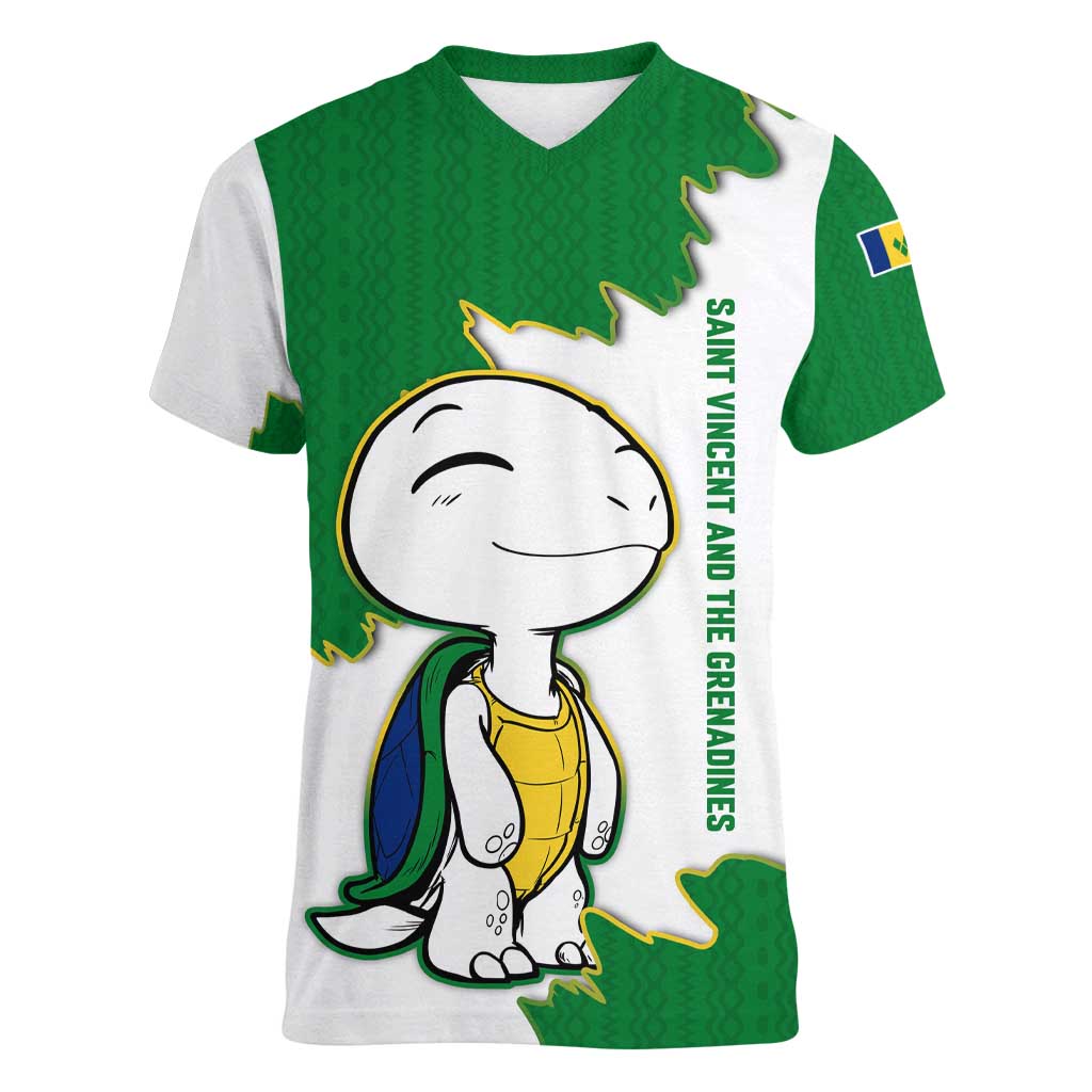 Saint Vincent and the Grenadines Turtle Women V-Neck T-Shirt with Coat of Arms and Green Heritage Design - Wonder Print Shop