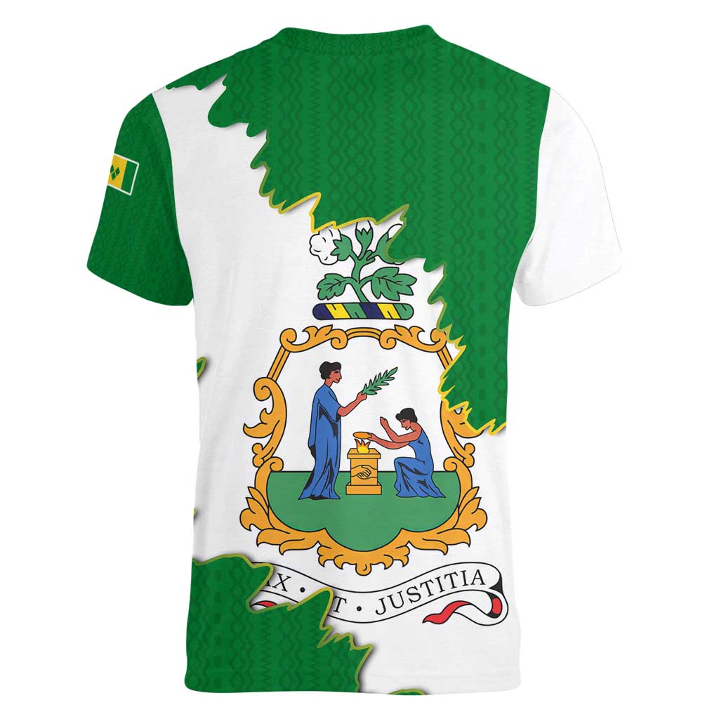 Saint Vincent and the Grenadines Turtle Women V-Neck T-Shirt with Coat of Arms and Green Heritage Design - Wonder Print Shop