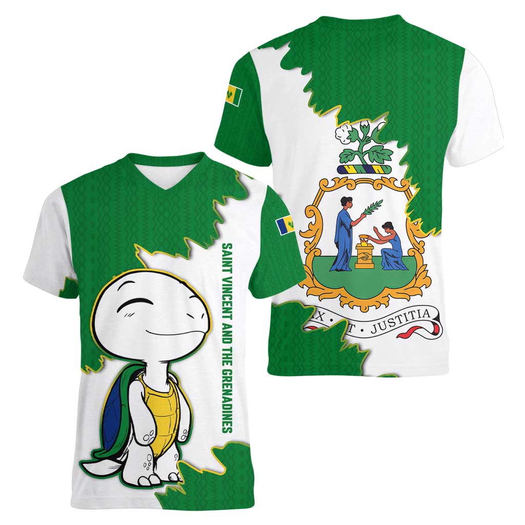 Saint Vincent and the Grenadines Turtle Women V-Neck T-Shirt with Coat of Arms and Green Heritage Design - Wonder Print Shop