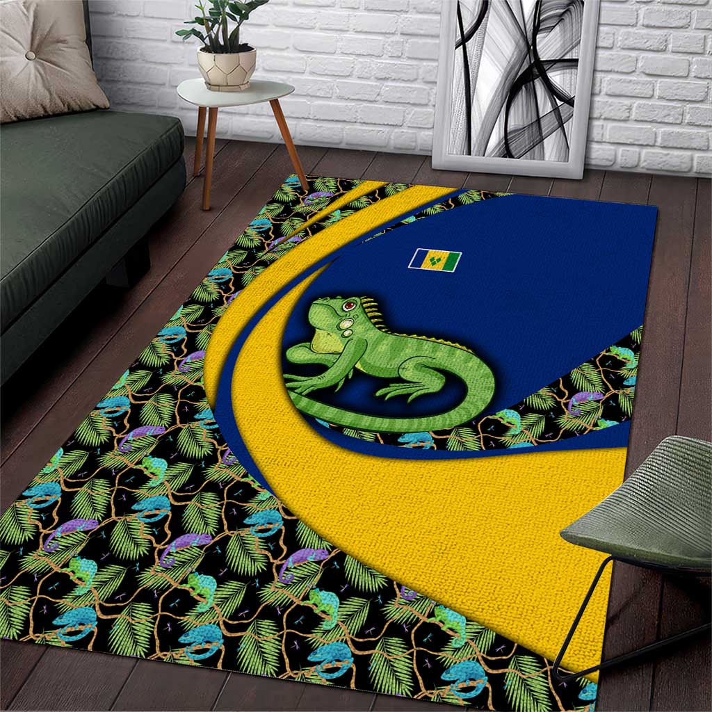Saint Vincent and the Grenadines Iguana Area Rug with Tropical Leaf Pattern and National Flag - Wonder Print Shop