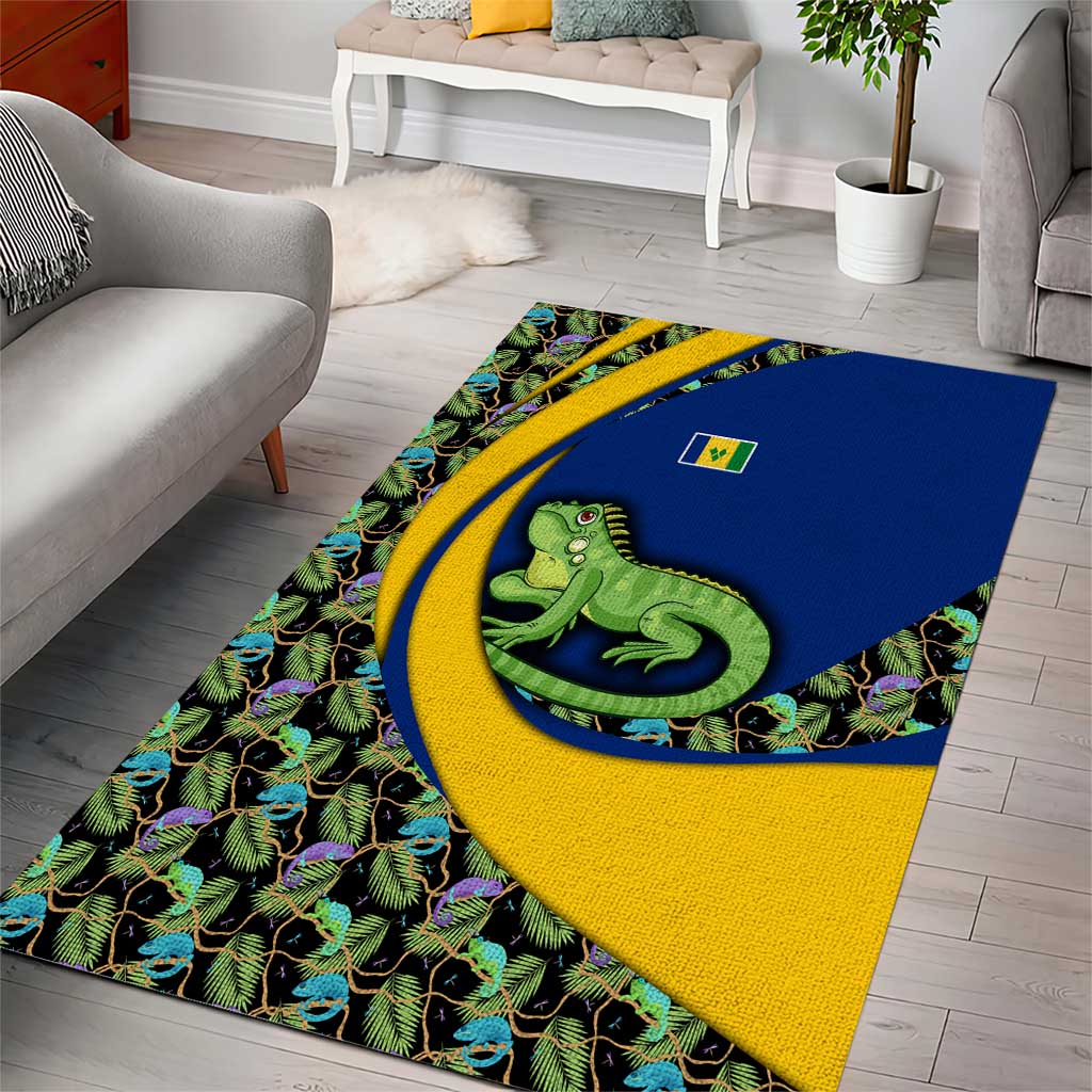 Saint Vincent and the Grenadines Iguana Area Rug with Tropical Leaf Pattern and National Flag - Wonder Print Shop