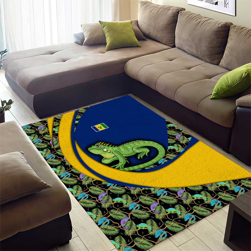 Saint Vincent and the Grenadines Iguana Area Rug with Tropical Leaf Pattern and National Flag - Wonder Print Shop