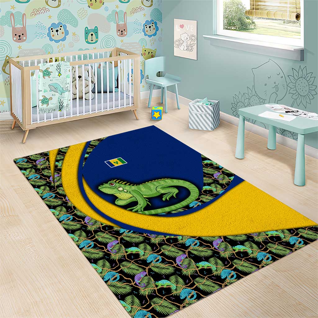 Saint Vincent and the Grenadines Iguana Area Rug with Tropical Leaf Pattern and National Flag - Wonder Print Shop