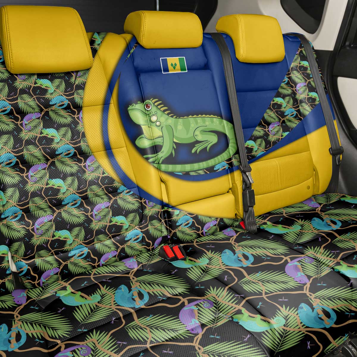 Saint Vincent and the Grenadines Iguana Back Car Seat Cover with Tropical Leaf Pattern and National Flag - Wonder Print Shop
