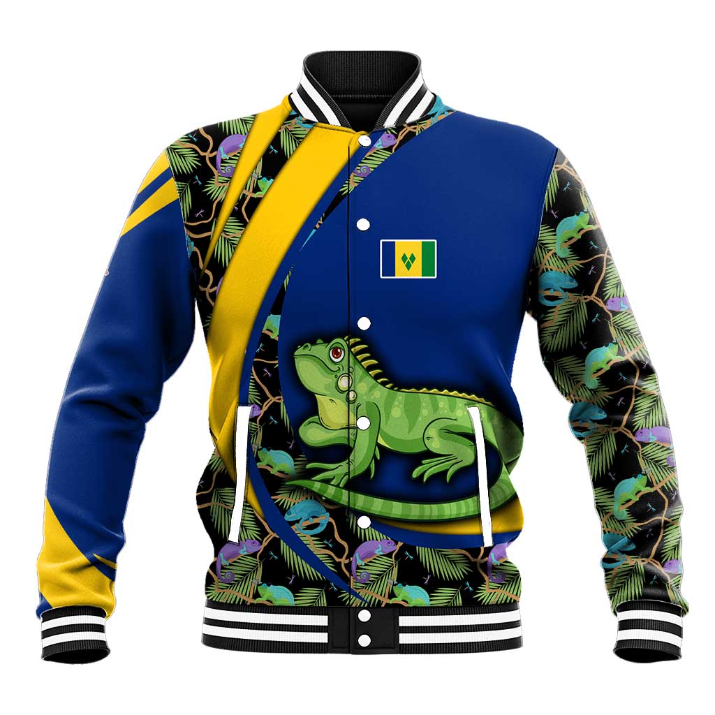 Saint Vincent and the Grenadines Iguana Baseball Jacket with Tropical Leaf Pattern and National Flag - Wonder Print Shop