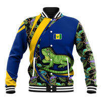 Saint Vincent and the Grenadines Iguana Baseball Jacket with Tropical Leaf Pattern and National Flag - Wonder Print Shop