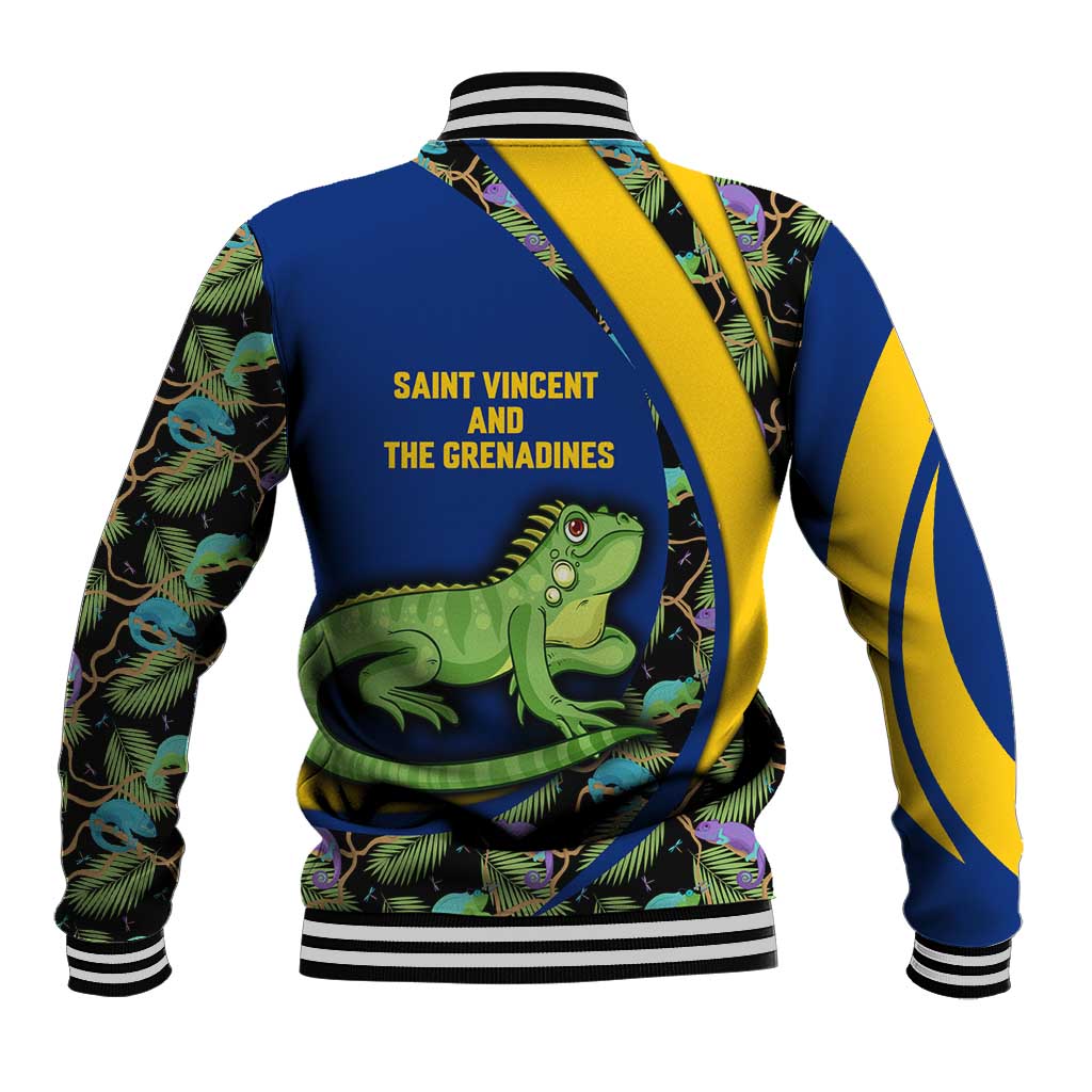 Saint Vincent and the Grenadines Iguana Baseball Jacket with Tropical Leaf Pattern and National Flag - Wonder Print Shop